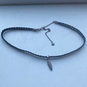 Pandora black choker necklace with feather charm